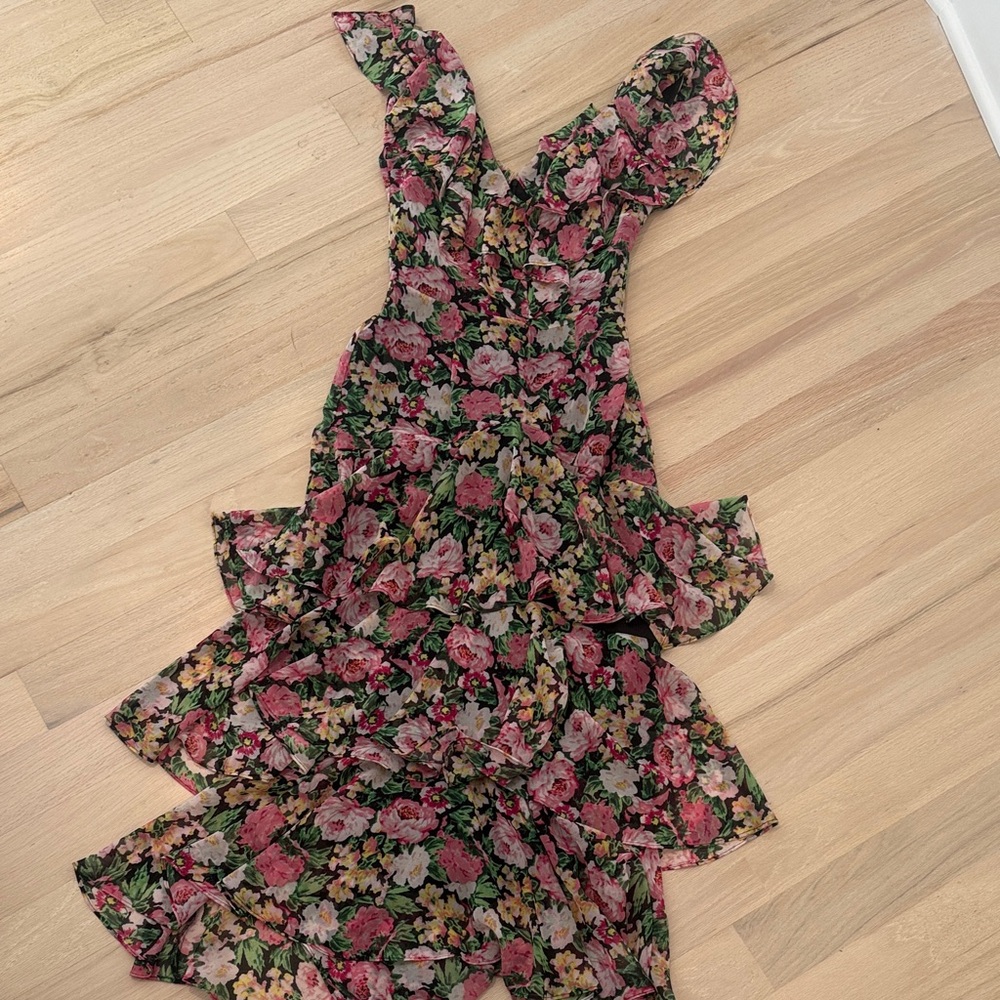 Wayf One-Shoulder Floral Ruffle Midi Dress in Pink and Green